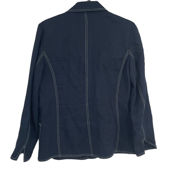Talbots Jacket Womens Size 6 Navy Blue Linen Blazer Two Button White Stitch - Picture 2 of 7